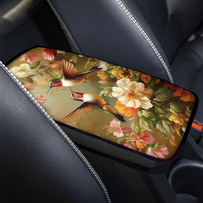 Colorful Flower Hummingbirds Thin Car Armrest Pads Auto Armrest Box Cover Comfortable Middle Storage Organizer Pad Universal Style Car Accessories Decor