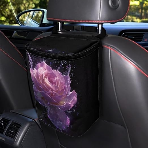 Purple Rose Car Trash Can with Lid, Cute Leakproof Car Trash Garbage Bag Hanging Vehicle Trash Bin Small Portable Automotive Garbage Cans Organizer for Back/Front Seat/Console