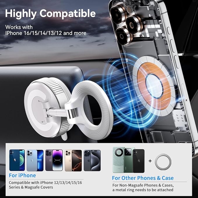 Vacuum Suction Magnetic Phone Holder, Strong Suction Magnetic Car Phone Holder Mount Foldable Phone Stand for iPhone16/15/14/13/12, Mirror/Glass/Screen(Not Charge Phone)