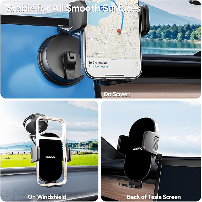 Universal Vacuum Phone Holders for Your Car [360° Rotation Metal Holder] Upgraded Suction Cup Phone Mount for Car/Tesla/Mirror/Wall, Foldable Tesla Phone Mount for All Phones and Thick Cases