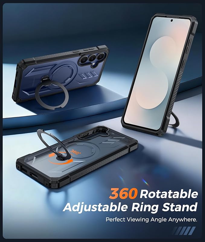 FNTCASE for Samsung Galaxy S25-FE Case: with [Magnetic Ring Kickstand] [Screen Protector] [Compatible with MagSafe] [Military-Grade Drop Protection] Heavy Duty Full Body Cover Translucent Black