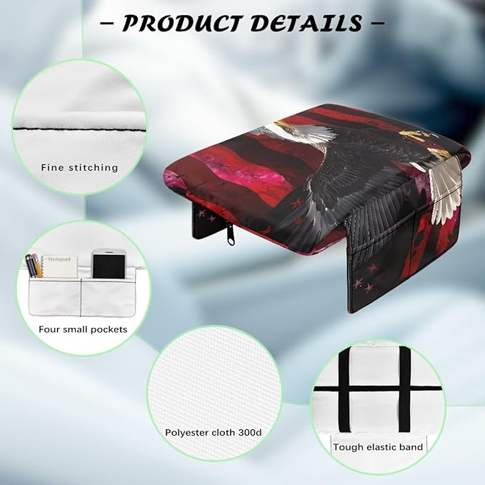 Car Center Console Cover Pad, American Flag Eagle Auto Console Arm Rest Cushion, Car Armrest Seat Box Protector, Car Memory Foam Armrest Pillow for Most Cars