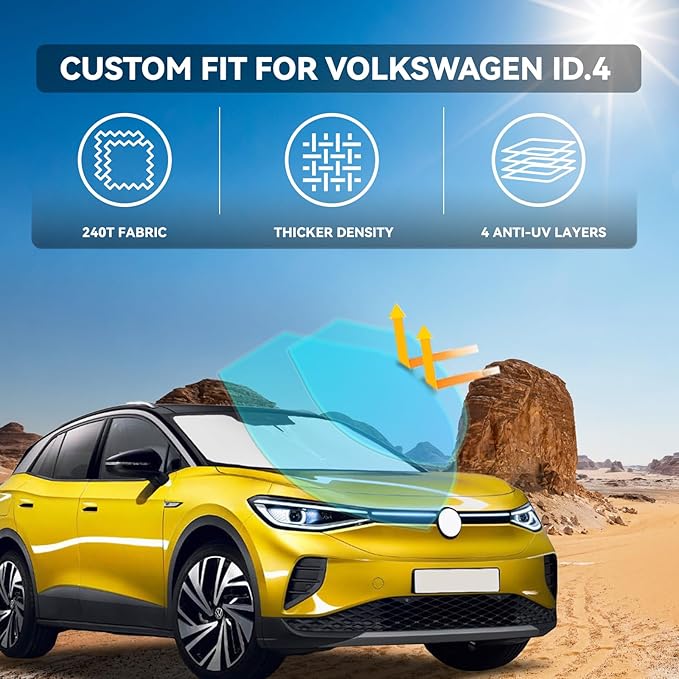 for Volkswagen ID.4 2021-2025 2026 Windshield Sun Shade - 4 Layers Car Sunshades for Front Windows Shade Cover Custom Fit ID.4 Sun Visor 240T Retractable Shade Blocks UV Rays Car Accessories