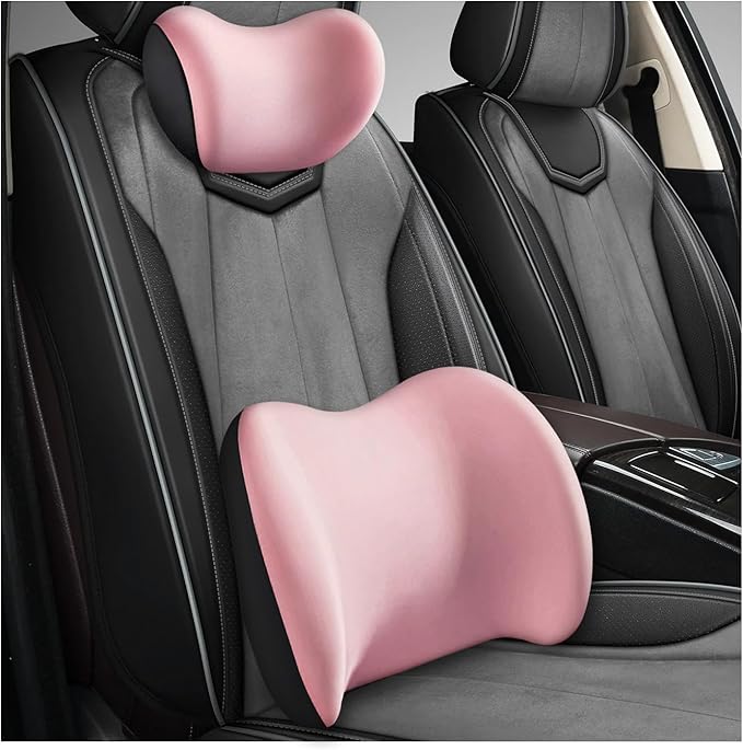Car Headrest & Lumbar Support Cushion, Ergonomic Memory Foam Car Neck Back Support w/Removable Cover, Universal Breathable Lumbar Cushion Headrest Pillow with Adjusatble Strap (Pink)