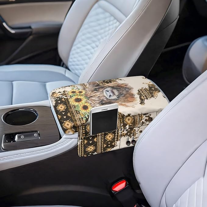 Tupalatus Aztec Car Console Cover Waterproof Highland Cow Universal Armrest Cover with 2 Storage Bags Center Console Covers Universal Fit for Car for Most Vehicle, SUV, Truck, Cars