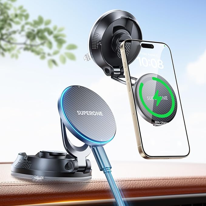 SUPERONE for MagSafe Car Mount Charger, 15W Fast Charging Magnetic Wireless Car Charger [88+LBS Ultra Suction & 2800gf Strong Magnetic] 360° Vacuum Magnetic Phone Holder for iPhone
