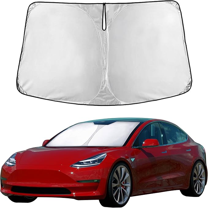 EcoNour Windshield Sun Shade Compatible for Tesla Model 3 & Model Y 2017–2026 | Custom Fit EV Front Window Sunshade | Foldable Heat & UV Reflective Sun Visor