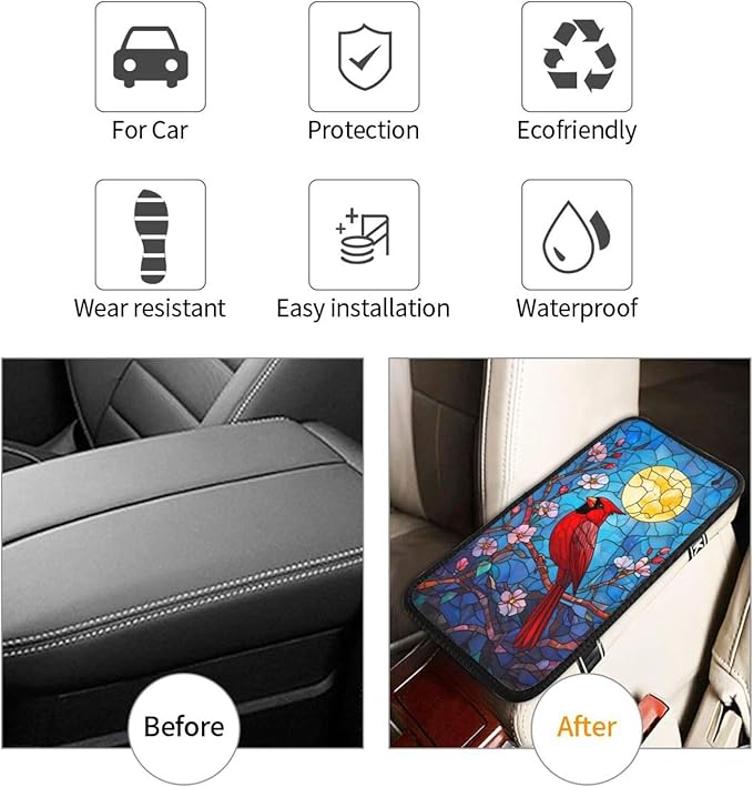 Universal Car Center Console Cushion Pad, Stained Glass Red Sparrow Soft Waterproof Car Center Console Cover Auto Armrest Seat Box Cover Protector for Most Vehicle SUV Truck Car