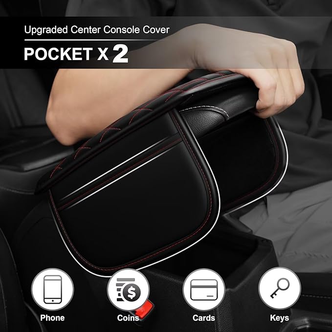 Upgraded Car Center Console Cover Fit for Tacoma Faux Leather Car Armrest Cover Cushion with 2 Storage Bags,Car Armrest Storage Box Interior Accessories(Black&Redline)