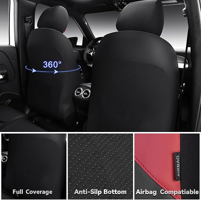 CAR PASS Nappa Leather Seat Covers for Car, Waterproof Seat Covers Full Set, Luxury 3D Rhombus Lined Sponge Airbag Compatible Universal Fit for Automotive SUV Truck Pickup Sedan, Black Red