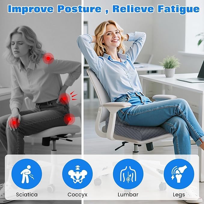 Seat Cushion for Office Chair, Memory Foam Chair Cushions, Car Seat Cushion for Long Sitting, Desk Chair Cushion for Pressure Relief, Non-Slip Bottom, Washable Cover, X-Large, Grey
