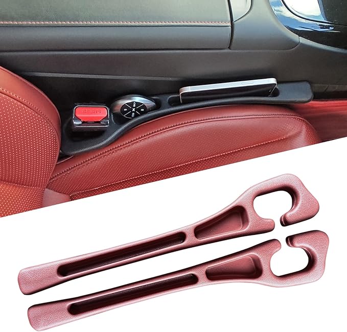 Elastic Car Seat Gap Filler Organizer (2-Pack) - Universal Fit for Car SUV Truck, Black Leather Texture, Prevents Items from Falling Between Seats, Easy Installation Tool-Free (Red)