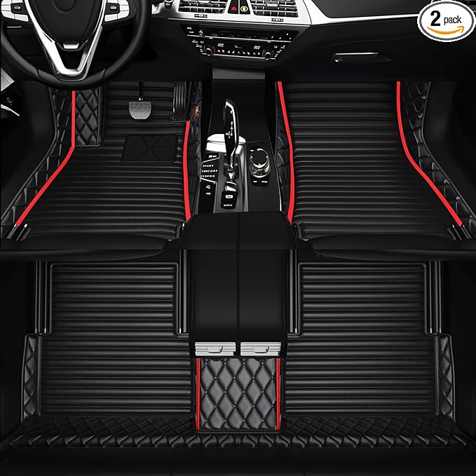 All-Weather car Floor MATS-Suitable for 99% of car Models,Leather car mat, offering Personalized Embroidery and Multiple Color Options,Provide Protection for car Rug (2+1Red)