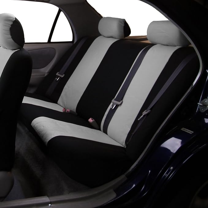 FH Group Car Seat Covers Flat Cloth Automotive Gray Full Set, Rear Solid Bench Universal Fit Combo Steering Wheel Cover & Seat Belt Pads Car Seat Protector for Cars Trucks SUV Interior Accessories