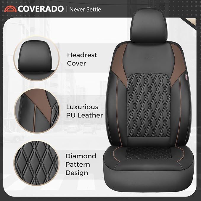 Coverado Seat Covers, Car Seat Covers Front Seats, Automotive Seat Covers, Waterproof Leather Car Seat Covers, Car Seat Cushion, Driver Seat Covers Car Seat Protector Fit Most Cars Truck, Black&Coffee