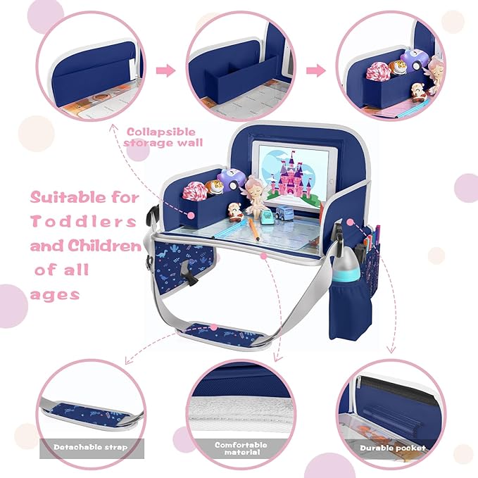 MENZOKE Kids Travel Tray for Toddler Car Seat, Toddler Gift for Boy Activities with Dry Erase Board & iPad Holder Stand, Road Trip Essentials Accessories Lap Tray for Boy as Birthday Gift, Dark Blue