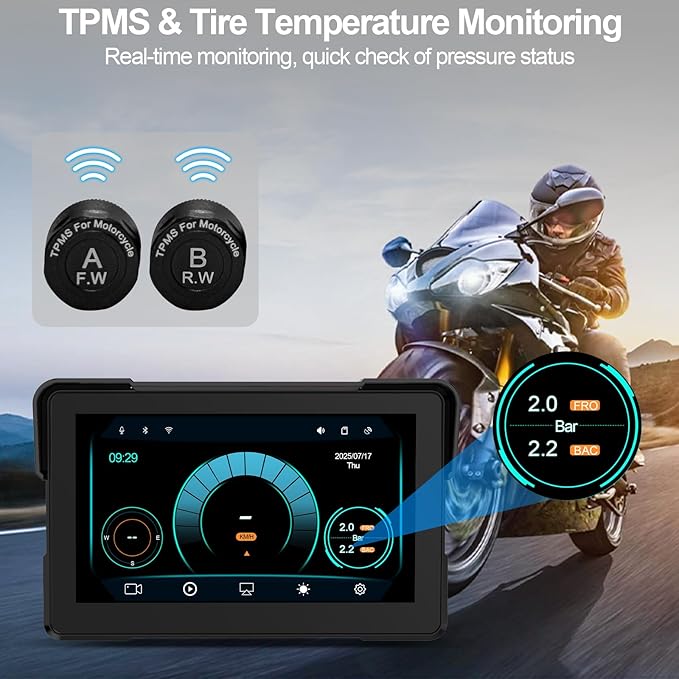Artman Motorcycle Dash cam Front and Rear, 7'' IPS Touch Screen, Portable Motorcycle Carplay for Apple Carplay and Android Auto GPS Navigation System, TPMS Compatible, IP67 Waterproof & 64G SD Card