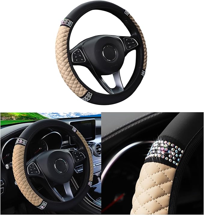 Bling Car Steering Wheel Cover, 15 Inch Rhinestones Soft Leather Elastic Steering Wheel Protector, Sparkly Crystal Diamond for Women Girls, Car Interior Accessories for Most Cars (Beige)