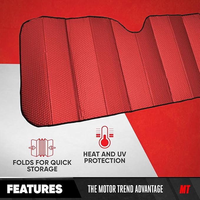 Motor Trend Accordion Red Car Windshield Sun Shade - Car Sun Visor Sun Shade for Car Windshield - Car Window Shades for SUV & Truck - Dash Cover Sun Protection Window Shade Accessories - 58" x 24"