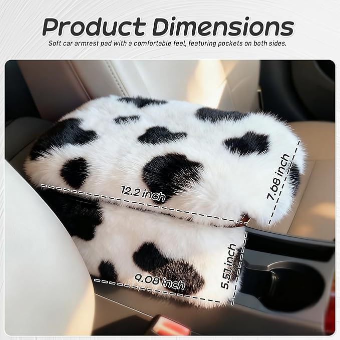 Fluffy Car Armrest Cover with Side Pockets – Plush Fuzzy Fur Center Console Armrest Cushion Pad, Universal Winter Car Interior Protector, Soft Arm Rest Cover with Storage for Women & Men (COWS)