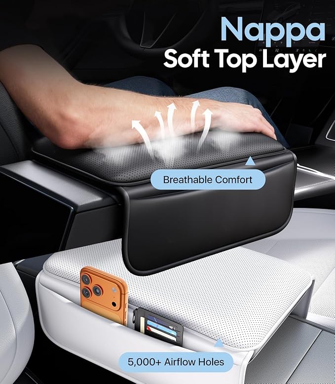 Wigoo Center Console Lid Cover for Tesla Model Y Juniper 2025-2026 & Model 3 Highland 2024-2026 (Standard, Premium & Performance), [Soft Support] Nappa Leather Armrest Protector Cover, White