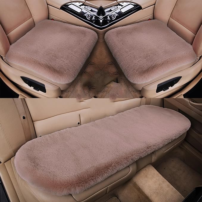 Plush Car Seat Cushion, Soft Warm Fuzzy Faux Rabbit Fur Fluffy Plush Auto Seat Cover Vehicle Car Front and Back Seat Protector Pad with Non-Slip Backing Cushion Interior Universal Fit (Khaki,3PCS)