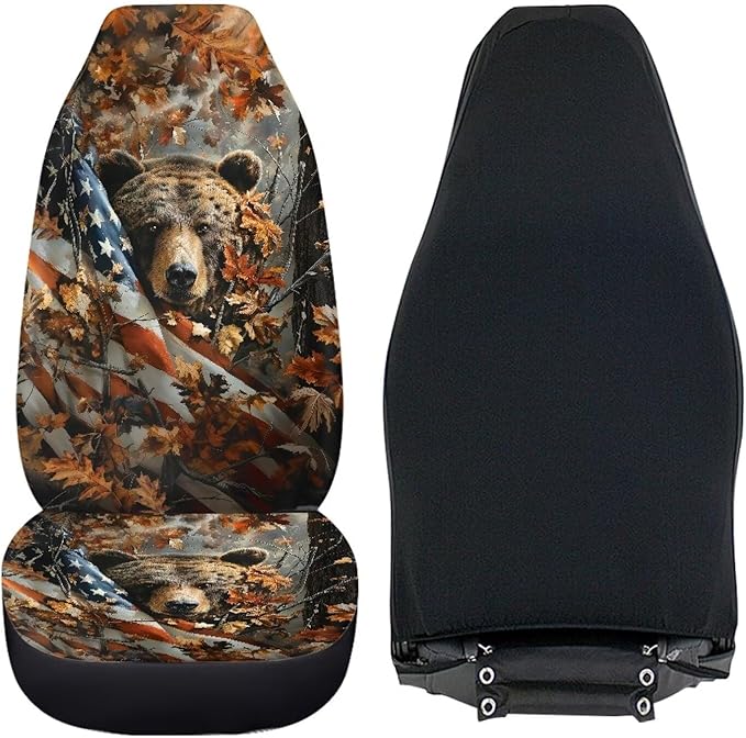Camouflage Hunting Bear Car Seat Covers Breathable Front Seat Covers Easy Installation Stretch Polyester Fabric Cover Protection Interior Accessories Universal Fit Most Cars SUV