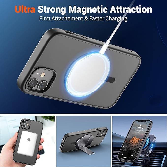 SUPFINE Magnetic for iPhone 12 Case/iPhone 12 Pro Case (Compatible with MagSafe)(Military Grade Drop Protection) Translucent Matte Shockproof Phone Cover,Black