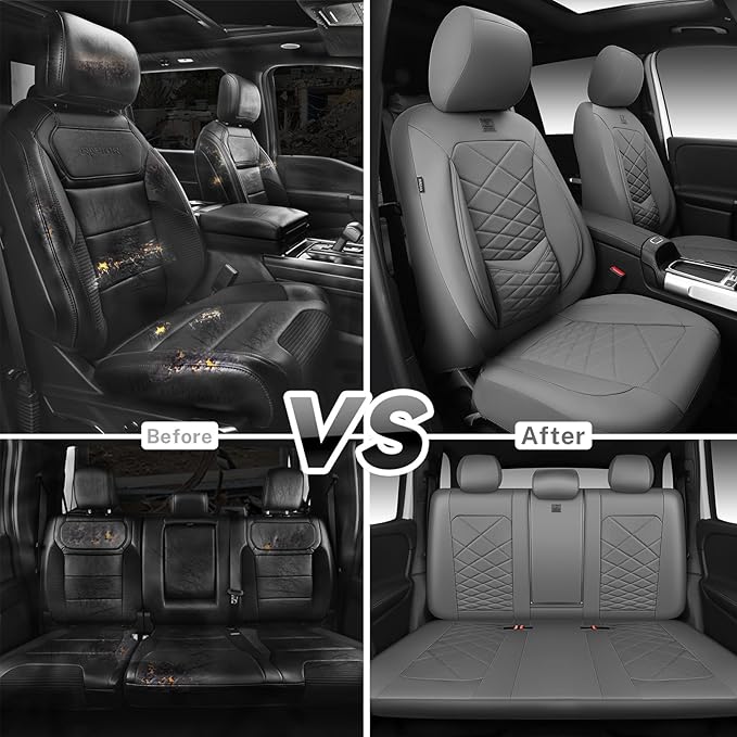 CAR PASS Luxury Nappa Leather Seat Covers Full Set, Water Resistant Faux Leather Seat Cover with Lumbar Support, Breathable Automotive Seat Covers Universal Fit for Sedan SUV Van Truck, Pure Gray