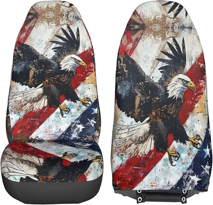 Delerain Car Seat Covers Set 2Pcs, Flying American Flag with Eagle Universal Front Car Seats Vehicle Enterior Protector Suitable Fits Most Car Auto SUV Sedan Truck