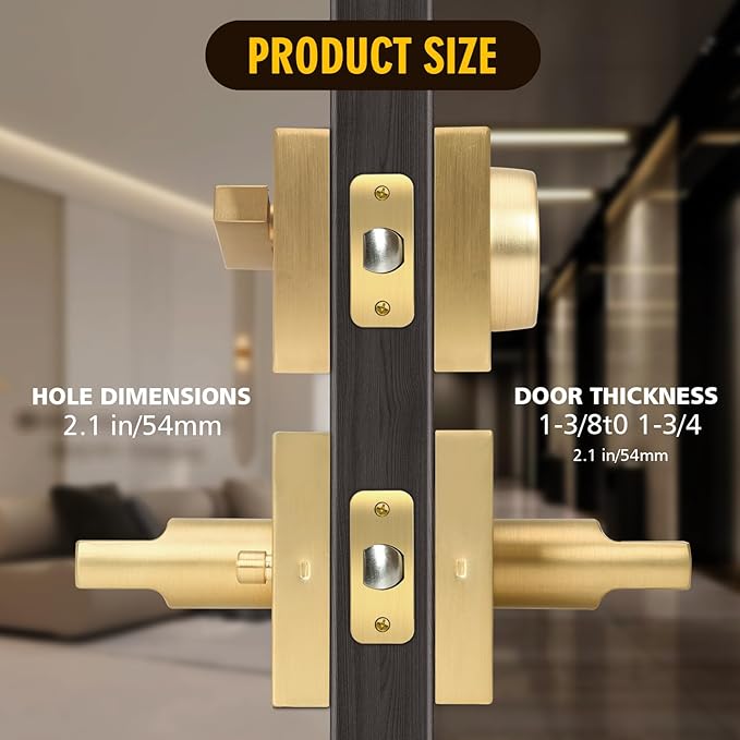 Gold Heavy Duty Privacy Lever Door Handle and Single Cylinder Deadbolt Lock and Key Combo Pack - Locking Lever Set for Left or Right-Handed Doors - Exterior Door Levers - Satin Brass,2pack