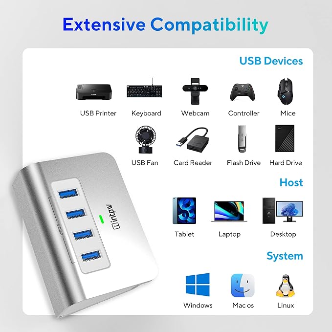 intpw USB 3.0 Hub, Aluminum 4 Port USB Data Hub 3.0 Port Extender Multiport Adapter with 3.3ft Cable ，USB Splitter for Laptop, PC/Xbox/Flash Drive/Printer/Camera/Keyborad/Mouse