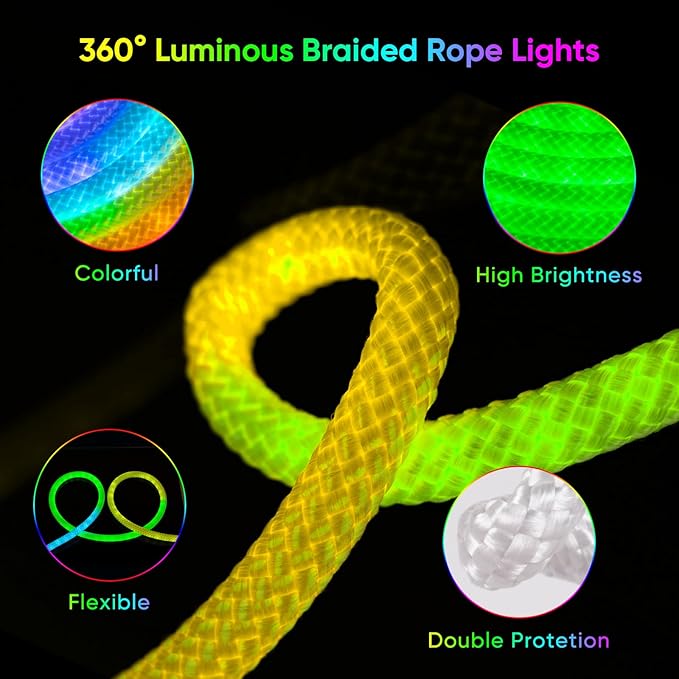 iNextStation 360° Glow USB Rope Lights 16.4FT RGB LED Lights, Braided Silicone Led Strip Lights, IP67 Waterproof, APP/Remote Control, Music Sync, Neon Lights Strip Color Changing for Outdoor/Indoor