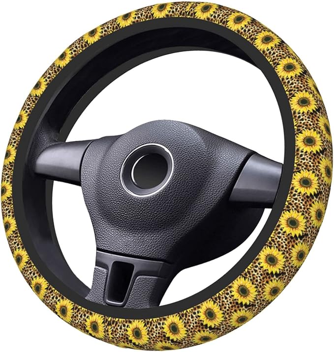 Sunflower Leopard Print Auto Car Steering Wheel Cover Universal 15 Inch Neoprene Interior Decor Protection Accessories