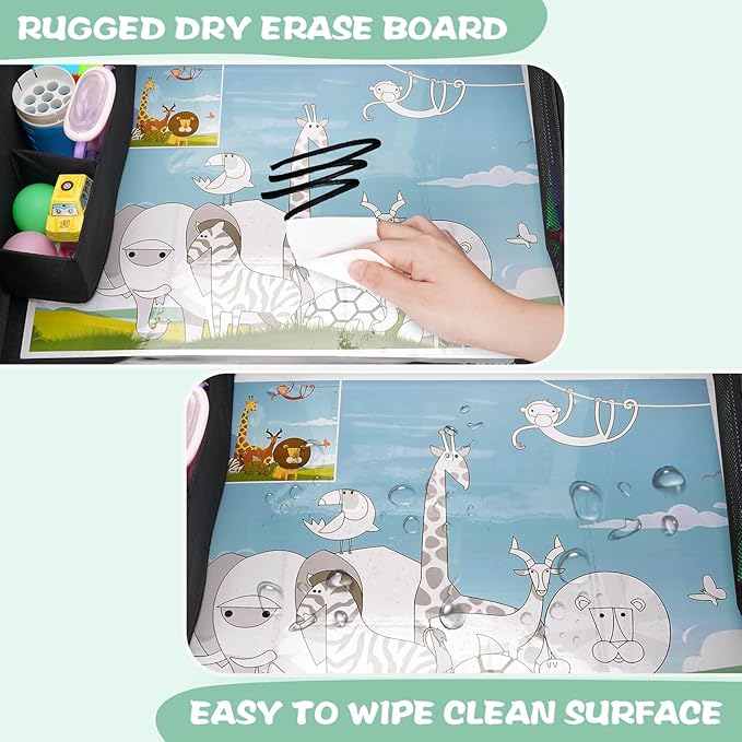MENZOKE Kids Travel Tray for Toddler Car Seat, Toddler Gift for Boy Activities with Dry Erase Board & iPad Holder Stand, Road Trip Essentials Accessories Lap Tray for Boy as Birthday Gift, Black