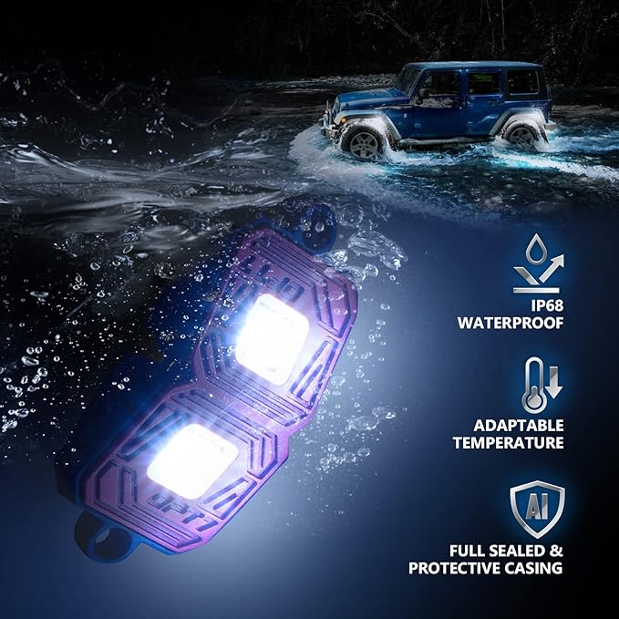 OPT7 Photon Pure White LED Magnetic Rock Lights - 4 Pods w/Magnet Mounts - Wide Angle Underglow Lighting Kit, IP68 Waterproof for Offroad Jeep RZR ATV UTV SUV - Truck Decorations