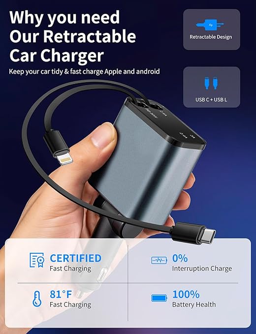 2Pack 4 in 1 Retractable Car Charger, 69W USB C Car Accessories Adapter for iPhone 17 USB C Charger Fast Charging,Truck Accessories,Travel Essentials Gifts for Women Men, for iPhone 16 15 14, Galaxy
