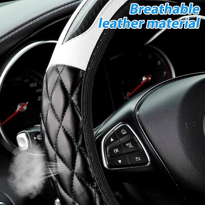 Carbon Fiber Car Steering Wheel Cover, Leather Breathable Non-Slip 14.5-15 Inch Vehicle Steering Wheel Protector, Auto Interior Protection Accessories, Universal for SUV Sedan Truck(White)