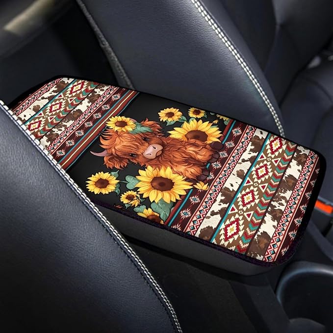 UNICEU Western Highland Cow Car Center Console Armrest Cover Pad Sunflower Armrest Cushion Universal Fit Most Vehicle,SUV,Truck,Car Seat Box Lid Cover Interior Decoration Accessories