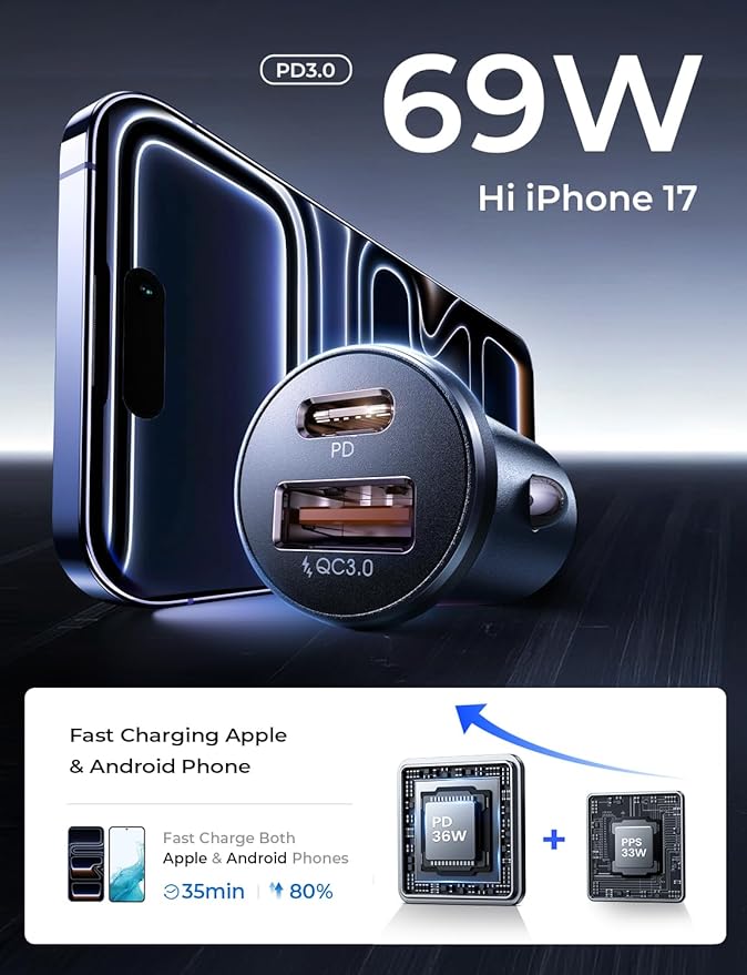 LISEN Car Charger USB C, 69W Cigarette Lighter USB Charger Adapter, Car Accessories Gifts for Men, Mini USBC Cars Fast Charging Adapter USBC Type C 12V Plug Outlet, for iPhone 17 Pro Max 16 15 14 13