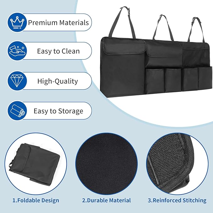 Car Trunk Organizer, Backseat Hanging Organizer with Storage Pockets for SUV, Truck, Van, Collapsible Trunk Organization for Car Accessories (Black, 43" x 18.5")
