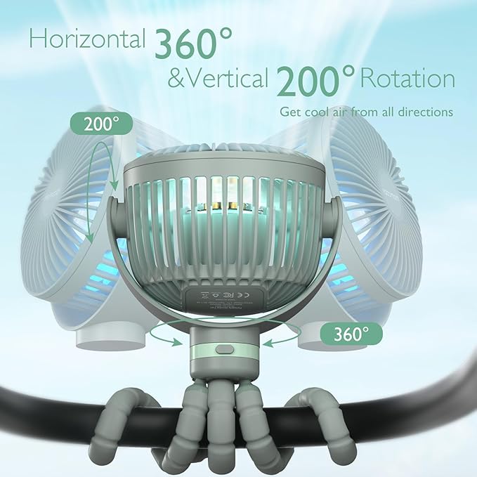 Momcozy 8000mAh Portable Stroller Fan, 27H Ultra-long Battery Life Detachable 4 Speed 360°Rotate LED Night Light with 2 Modes, USB Rechargeable Handheld Cooling Fan for Travel/Car Seat/Bedroom