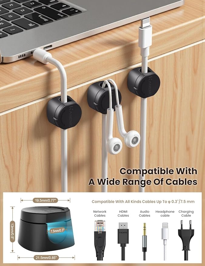 Kanemc Cable Clips Cord Holder for Desk, 360° Spin Magnetic Wire Organizer Self Adhesive Cord Management for Office Desks Cars Home Kitchen Electronic Accessory (Black, 9 PCS)