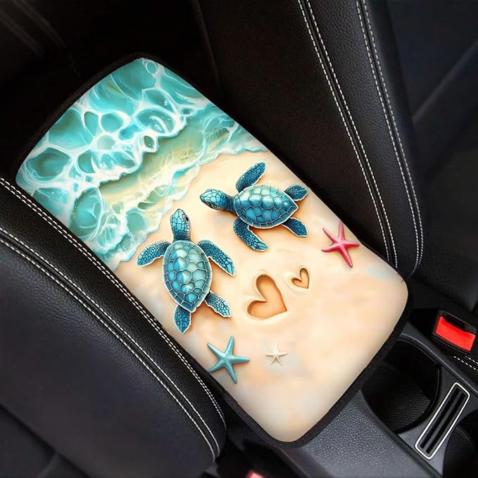 Suobstales Beach Turtle Starfish Heart Print Car Armrest Pad Soft Center Console Arm Rest Protector Cover Universal Car Interior Accessories Decoration