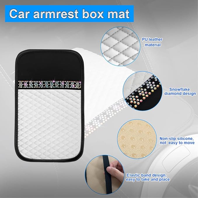 Bling Leather Car Center Console Cover, Car Center Console Protector With Glossy Crystal Rhinestone, Universal Waterproof Car Armrest Seat Box Cover For Most Car, Vehicles, SUVs, Trucks (White)