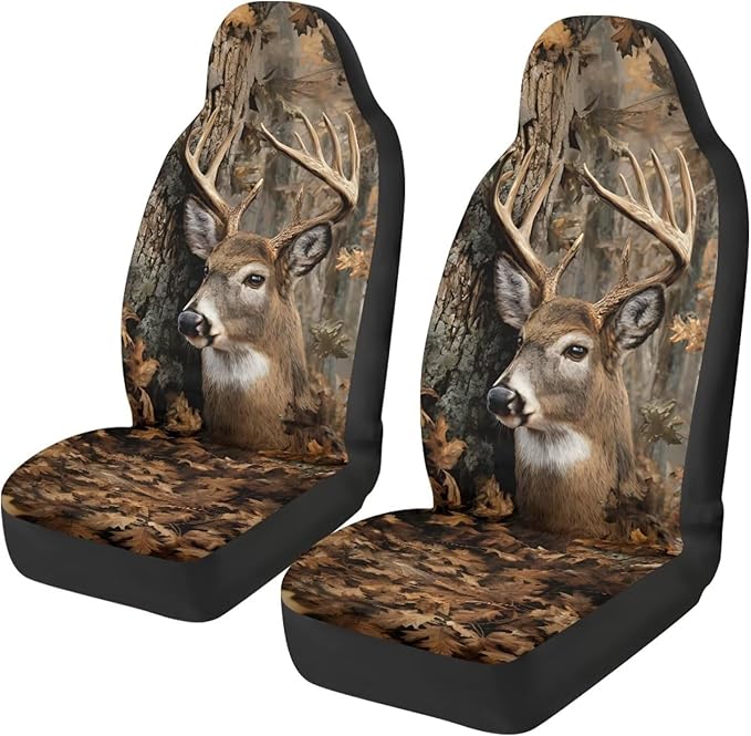 Car Seat Covers Front Seats Only Easy Installation Auto Interior Accessories 2 Pcs Set, Camo Hunting Deer Car Seat Covers Protector Suitable for Cars, SUV and Trucks, Easy to Install
