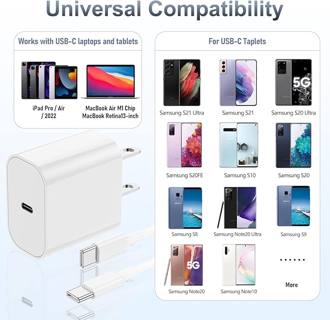 iPhone 17 16 15 Fast Charger, 20W USB C Charging Block for Apple iPhone 17 Pro Max/17 Air/16 Pro/15 Plus, iPad 12/11 inch/Mini/6 Gen,Wall Plug Power Adapter Cube Brick/6ft Type C to C Cable Cord Long