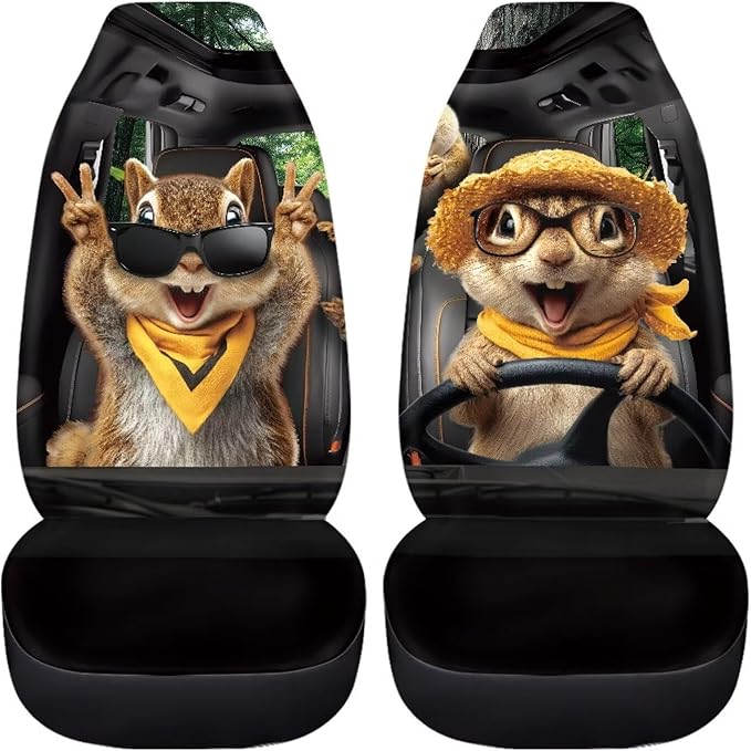 Funny Front Seat Covers for Cars Happy Squirrel All Weather Bucket Seat Covers Scratchproof Automotive Seat Cushion Covers for SUV,Vans,Sedans,Trucks