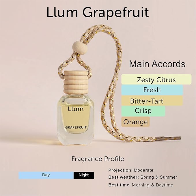 Llum Grapefruit Hanging Car Air Freshener – Luxury Automotive Perfume Diffuser 10ml (0.34 fl oz), Long-Lasting Fragrance, Alcohol-Free Non-Toxic Car Scent, Glass Bottle With Wood Cap