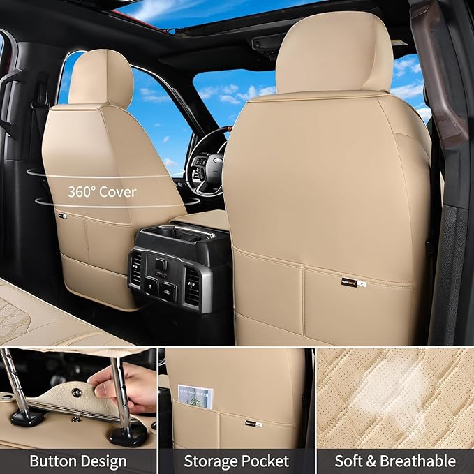 Huidasource Tacoma Front Leather Seat Covers, Car Seat Cushion Cover Fit for 3rd Gen Toyota Tacoma 2016-2023 SR SR5 Limited TRD Sport/Pro/Off Road All Cab Front Row (Front Pair/Beige)